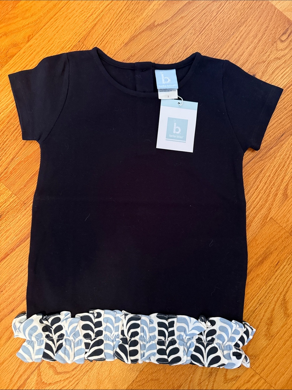 bella bliss Black Short Sleeve Top with Blue & White Leaf Ruffle